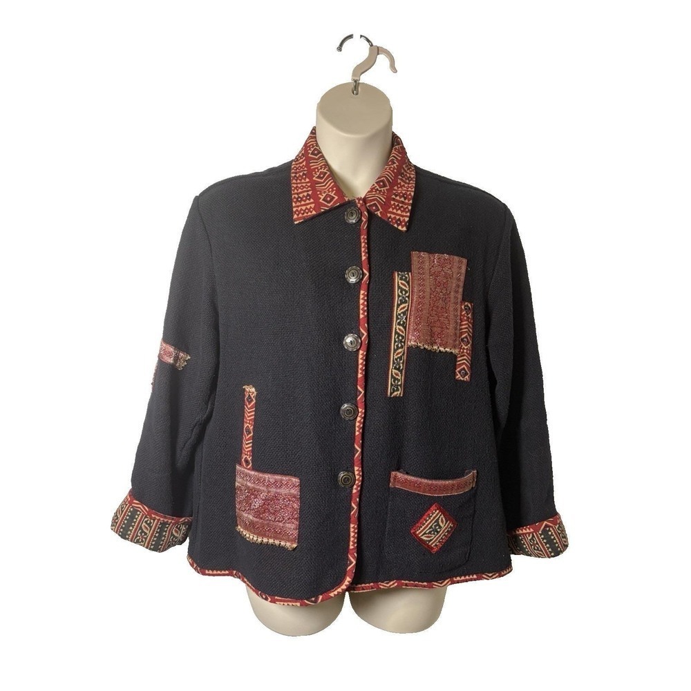 Vtg 90s Flashback Black Tribal Jacket~L~Red Appliques Cotton Button Boho Artsy